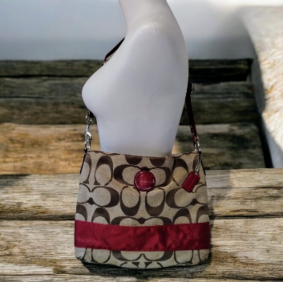 Coach Brown and Red Shoulder Bag with Signature Monogram - Picture 3 of 15